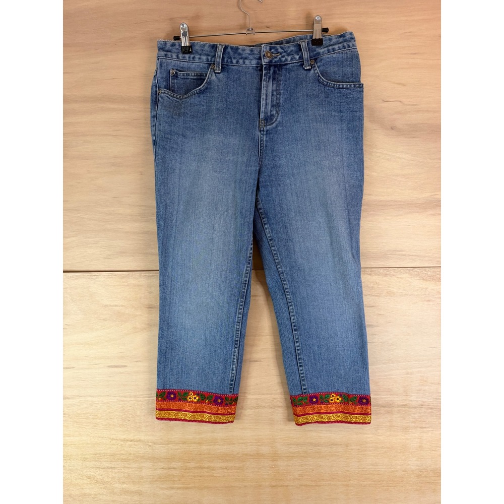 Boston Proper Women Embroidered Hem Crop Jeans Straight Leg Size 10 Cotton
